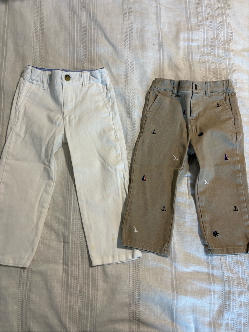 Kids White & Khaki Embroidered Pants - Set of 2